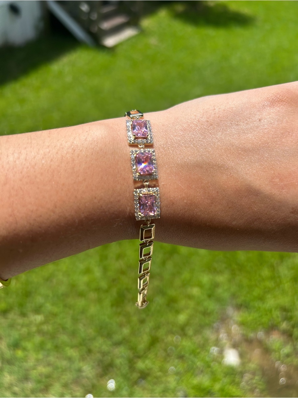 Gold Bracelet with Pink Cubic Zirconia Accents